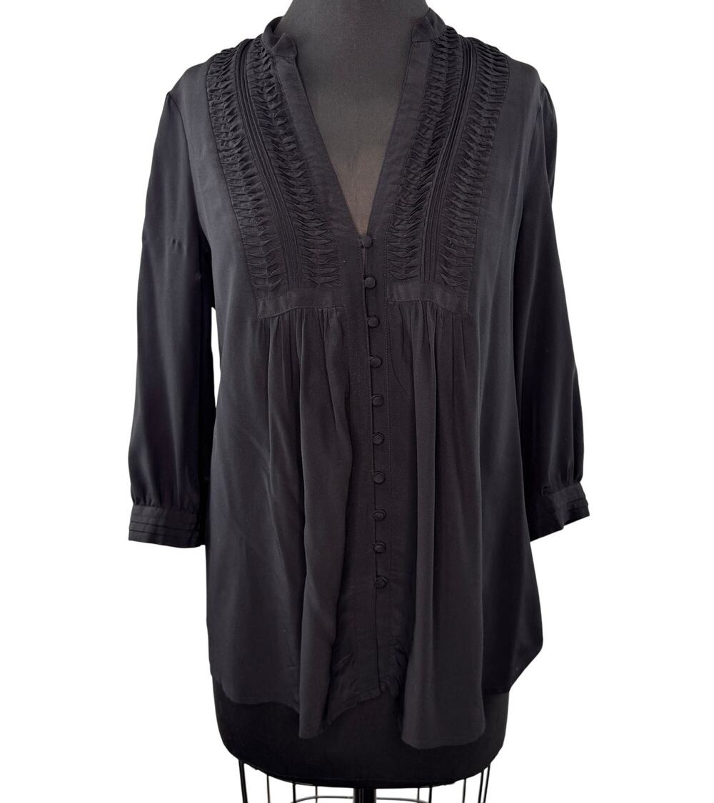 JOIE Black Blouse Silk Pleated Split Neck 3/4 Sleeve Front-Button Size Small S